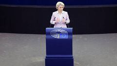 BRUSSELS, BELGIUM - JUNE 08: President of the European Commission, Ursula von der Leyen and President of the European Council, Charles Michel (not seen) hold a press conference during the plenary session of European Parliament in Brussels, Belgium on June 08, 2022. (Photo by Dursun Aydemir/Anadolu Agency via Getty Images)