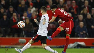 Soccer Football - Champions League - Quarter Final - Second Leg - Liverpool v Benfica - Anfield, Liverpool, Britain - April 13, 2022 Benfica's Alejandro Grimaldo in action with Liverpool's Luis Diaz Action Images via Reuters/Jason Cairnduff