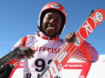 ST MORITZ, SWITZERLAND - FEBRUARY 16:  Celine Marti of Haiti smiles at the finish area after her first run of the Women&#039;s Giant Slalom during the FIS Alpine World Ski Championships on February 16, 2017 in St Moritz, Switzerland.  (Photo by Alexander 