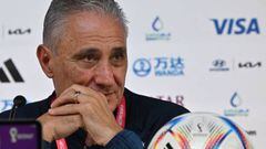 Brazil's coach Tite gives a press conference at the Qatar National Convention Center (QNCC) in Doha on December 8, 2022, on the eve of the Qatar 2022 World Cup quarter final football match between Brazil and Croatia. (Photo by NELSON ALMEIDA / AFP) (Photo by NELSON ALMEIDA/AFP via Getty Images)