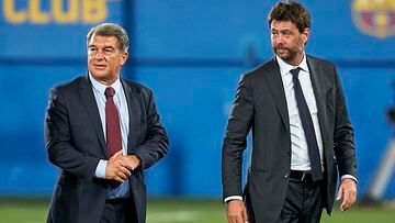 BARCELONA, SPAIN - AUGUST 08: Joan Laporta, President of FC Barcelona and Andrea Agnelli, President of Juventus looks on after the Joan Gamper Trophy match between FC Barcelona and Juventus at Estadi Johan Cruyff on August 08, 2021 in Barcelona, Spain. (Photo by Pedro Salado/Quality Sport Images/Getty Images)