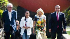 (L-R) Arturo Olive, Managing Director of NFL Mexico, Diana Flores, Quarterback of the Mexico Women National Flag Football Team, US First Lady Jill Biden,  and Luis Fernandez, Head of the Federal Education Authority in Mexico, attend the Tochito NFL flag Football event in Mexico City on January 9, 2023. - Tochito NFL is the National League´s Flag Football program for children and youth in Mexico that promotes gender equality and girl´s empowerment. (Photo by Rodrigo Oropeza / AFP) (Photo by RODRIGO OROPEZA/AFP via Getty Images)