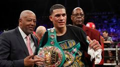 LAS VEGAS, NV - FEBRUARY 17:  WBC super middleweight champion David Benavidez poses with his title belt after defeating Ronald Gavril at the Mandalay Bay Events Center on February 17, 2018 in Las Vegas, Nevada. Benavidez retained his title by unanimous decision. (Photo by Steve Marcus/Getty Images)