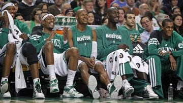 Jermaine O&#039;Neal, Paul Pierce, Ray Allen, Kevin Garnett y Ray Allen durante su etapa en los Celtics.