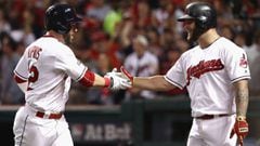CLEVELAND, OH - OCTOBER 06: Jason Kipnis #22 of the Cleveland Indians celebrates with Mike Napoli #26 after hitting a home run in the third inning against the Boston Red Sox during game one of the American League Divison Series at Progressive Field on October 6, 2016 in Cleveland, Ohio.   Maddie Meyer/Getty Images/AFP == FOR NEWSPAPERS, INTERNET, TELCOS &amp; TELEVISION USE ONLY ==