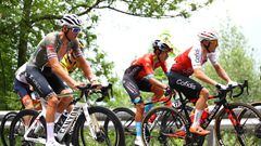 COGNE, ITALY - MAY 22: (L-R) Mathieu Van Der Poel of Netherlands and Team Alpecin - Fenix, Santiago Buitrago Sanchez of Colombia and Team Bahrain Victorious and Rémy Rochas of France and Team Cofidis compete in the breakaway during the 105th Giro d'Italia 2022, Stage 15 a 177km stage from Rivarolo Canavese to Cogne 1622m / #Giro / #WorldTour / on May 22, 2022 in Cogne, Italy. (Photo by Michael Steele/Getty Images)