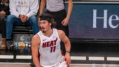 Jaime Jáquez Jr., alero mexicano del Miami Heat, en partido frente a los Brooklyn Nets.