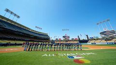 LOS ANGELES, CA - JULY 15:  A general view of Dodger Stadium during the opening ceremony prior to the MLB-USA Baseball High School All-American Game at Dodger Stadium on Friday, July 15, 2022 in Los Angeles, California. (Photo by Daniel Shirey/MLB Photos via Getty Images)