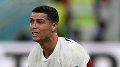 Portugal's forward #07 Cristiano Ronaldo reacts after his team lost the Qatar 2022 World Cup quarter-final football match between Morocco and Portugal at the Al-Thumama Stadium in Doha on December 10, 2022. (Photo by PATRICIA DE MELO MOREIRA / AFP)