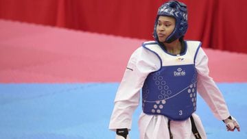 AGUASCALIENTES, MEXICO - MARCH 11:  Paige McPherson of USA (blue) looks on during the women&#039;s -67 kg category fight as part of the Taekwondo PANAM Qualification Tournament at Gimnadio IDEA on March 11, 2016 in Aguascalientes, Mexico. (Photo by Hector Vivas/LatinContent/Getty Images)