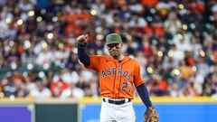 May 19, 2023; Houston, Texas, USA; Houston Astros second baseman Jose Altuve (27) gives a thumbs up before the start of the game against the Oakland Athletics at Minute Maid Park. Mandatory Credit: Troy Taormina-USA TODAY Sports