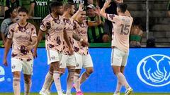 Sep 17, 2023; Austin, Texas, USA; Portland Timbers forward Felipe Mora (9) celebrates with teammates after scoring during the first half against Austin FC at Q2 Stadium.