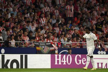 Madrid's Vinicius Junior gestures toward the public during the Spanish League football match between Atletico Madrid and Real Madrid 