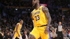 Feb 13, 2024; Los Angeles, California, USA;  Los Angeles Lakers forward LeBron James (23) reacts after a dunk in the first half against the Detroit Pistons at Crypto.com Arena. Mandatory Credit: Jayne Kamin-Oncea-USA TODAY Sports