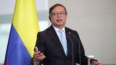Colombian President Gustavo Petro speaks during a press conference with German Chancellor Olaf Scholz (not pictured), in Berlin, Germany, June 16, 2023. REUTERS/Nadja Wohlleben