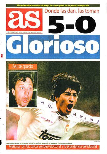 La portada de AS del 8 de enero de 1995 con Iván Zamorano  como protagonista tras su hat-trick al FC Barcelona. 