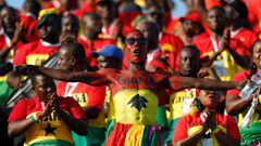 A Ghana supporter cheers ahead of the 2019 Africa Cup of Nations (CAN) Group F football match between Guinea-Bissau and Ghana at the Suez Stadium in the north-eastern Egyptian city on July 2, 2019. (Photo by FADEL SENNA / AFP)
