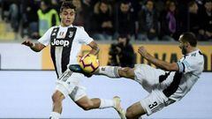 Giorgio Chiellini from Italy (R) scores  a goal as Juventus&#039; forward Paulo Dybala from Argentina looks on during the Italian Serie A football match Fiorentina vs Juventus