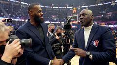 CLEVELAND, OHIO - FEBRUARY 20: (L-R) LeBron James and Michael Jordan attend the 2022 NBA All-Star Game at Rocket Mortgage Fieldhouse on February 20, 2022 in Cleveland, Ohio. NOTE TO USER: User expressly acknowledges and agrees that, by downloading and or using this photograph, User is consenting to the terms and conditions of the Getty Images License Agreement.  (Photo by Kevin Mazur/Getty Images)