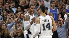 SAN ANTONIO,TX - NOVEMBER 17: LaMarcus Aldridge #12 of the San Antonio Spurs celebrates with Danny Green #14 of the San Antonio Spurs after they defeated the Oklahoma City Thunder at AT&amp;T Center on November 17, 2017 in San Antonio, Texas. NOTE TO USER: User expressly acknowledges and agrees that , by downloading and or using this photograph, User is consenting to the terms and conditions of the Getty Images License Agreement.   Ronald Cortes/Getty Images/AFP == FOR NEWSPAPERS, INTERNET, TELCOS &amp; TELEVISION USE ONLY ==