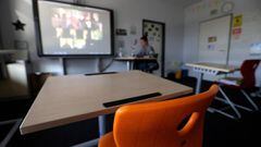 Dortmund (Germany), 23/04/2020.- The teacher Fiona Supanc gives a lesson via video conference in an empty classroom at the Privat High School Stadtkrone (PGS) in Dortmund, Germany, 23 April 2020. The school in the German federal state of North Rhine-Westp