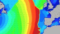 Los per&iacute;odos de la marejada del hurac&aacute;n Fiona marcados en rojo, naranja y amarillo llegando a la costa occidental de Europa, el 26 de septiembre del 2022. 