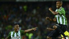 Jonathan Copete celebra un gol durante el partido de vuelta de octavos de final de Copa Libertadores entre Atl&eacute;tico Nacional y Hurac&aacute;n.