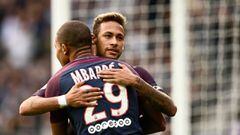 Paris Saint-Germain&#039;s Brazilian forward Neymar (R) embraces Paris Saint-Germain&#039;s French forward Kylian Mbappe after Mbappe scored his team&#039;s 6th goal during the French L1 football match Paris Saint-Germain (PSG) vs Bordeaux (FCGB) on Septe