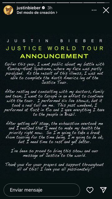 Varios meses después de sufrir una parálisis facial y regresar a los escenarios, Justin Bieber ha anunciado la cancelación del resto de su gira mundial.
