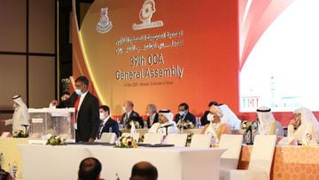 A representative of a National Olympic Committee (NOC) that is part of the Olympic Council of Asia (OCA) casts their vote to select the host city for the 21st Asian Games 2030 during the 39th OCA General Assembly Meeting in Oman&#039;s capital Muscat on D