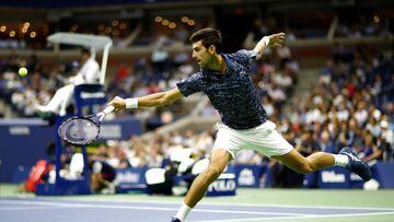 NEW YORK, NY - SEPTEMBER 07: Novak Djokovic of Serbia returns the ball during his men&#039;s singles semi-final match against Kei Nishikori of Japan on Day Twelve of the 2018 US Open at the USTA Billie Jean King National Tennis Center on September 7, 2018 in the Flushing neighborhood of the Queens borough of New York City.   Julian Finney/Getty Images/AFP == FOR NEWSPAPERS, INTERNET, TELCOS &amp; TELEVISION USE ONLY ==