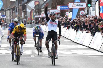 DENAIN, FRANCE - MARCH 16: Juan Sebastián Molano of Colombia and UAE Team Emirates celebrates at finish line as race winner ahead of Tim Van Dijke of The Netherlands and Team Jumbo-Visma (L) during the 64th Grand Prix de Denain - Porte du Hainaut 2023 a 194.7km one day race from Denian to Denian / #gpdenain / on March 16, 2023 in Denain, France. (Photo by Bruno Bade/Getty Images)