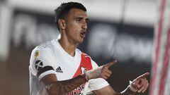 LA PLATA, ARGENTINA - FEBRUARY 14: Matias Suarez of River Plate celebrates after scoring the first goal of his team during a match between Estudiantes and River Plate as part of Copa de la Liga Profesional 2021 at Jorge Luis Hirschi Stadium on February 14, 2021 in La Plata, Argentina. (Photo by Amilcar Orfali/Getty Images)