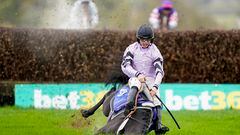 TAUNTON, ENGLAND - NOVEMBER 10: James Bowen riding Ile De Jersey fall at the last when clear during The Invest Southwest Novices' Handicap Chase at Taunton Racecourse on November 10, 2022 in Taunton, England. (Photo by Alan Crowhurst/Getty Images)