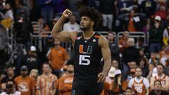 KANSAS CITY, MISSOURI - MARCH 26: Norchad Omier #15 of the Miami Hurricanes reacts during the second half against the Texas Longhorns in the Elite Eight round of the NCAA Men's Basketball Tournament at T-Mobile Center on March 26, 2023 in Kansas City, Missouri.   Jamie Squire/Getty Images/AFP (Photo by JAMIE SQUIRE / GETTY IMAGES NORTH AMERICA / Getty Images via AFP)
