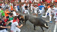 Participants run next to Cebada Gago fighting bulls on the third day of the San Fermin bull run festival in Pamplona, northern Spain on July 9, 2018. Each day at 8am hundreds of people race with six bulls, charging along a winding, 848.6-metre (more than