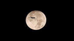An airplane is pictured with the moon behind in Istanbul, Turkey August 30, 2023. REUTERS/Dilara Senkaya