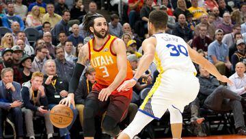 Jan 30, 2018; Salt Lake City, UT, USA; Utah Jazz guard Ricky Rubio (3) dribbles the ball as Golden State Warriors guard Stephen Curry (30) defends during the second half at Vivint Smart Home Arena. Mandatory Credit: Russ Isabella-USA TODAY Sports