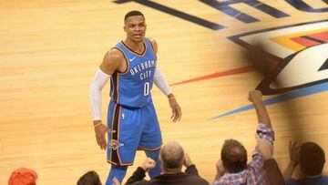 Nov 22, 2017; Oklahoma City, OK, USA; Oklahoma City Thunder guard Russell Westbrook (0) reacts towards fans against the Golden State Warriors during the third quarter at Chesapeake Energy Arena. Mandatory Credit: Mark D. Smith-USA TODAY Sports