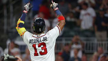 ATLANTA, GEORGIA - SEPTEMBER 19: Ronald Acuna Jr. #13 of the Atlanta Braves reacts as he crosses home plate after hitting his 39th home run of the season to lead off the sixth inning against the Philadelphia Phillies at Truist Park on September 19, 2023 in Atlanta, Georgia.   Kevin C. Cox/Getty Images/AFP (Photo by Kevin C. Cox / GETTY IMAGES NORTH AMERICA / Getty Images via AFP)