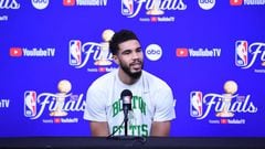 SAN FRANCISCO, CA - JUNE 4: Jayson Tatum #0 of the Boston Celtics talks speaks at a press conference during 2022 NBA Finals Practice and Media Availability on June 4, 2022 at Chase Center in San Francisco, California. NOTE TO USER: User expressly acknowledges and agrees that, by downloading and or using this photograph, user is consenting to the terms and conditions of Getty Images License Agreement. Mandatory Copyright Notice: Copyright 2022 NBAE (Photo by Noah Graham/NBAE via Getty Images)