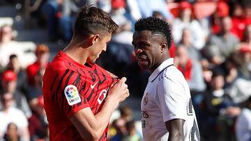 Mallorca's Spanish defender Antonio Jose Raillo (L) argues with Real Madrid's Brazilian forward Vinicius Junior during the Spanish League football match between RCD Mallorca and Real Madrid at the Visit Mallorca stadium in Palma de Mallorca on February 5, 2023. (Photo by JAIME REINA / AFP) (Photo by JAIME REINA/AFP via Getty Images)