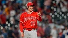 Jul 31, 2023; Cumberland, Georgia, USA; Los Angeles Angels designated hitter Shohei Ohtani (17) reacts on the field after the Angels defeated the Atlanta Braves at Truist Park. Mandatory Credit: Dale Zanine-USA TODAY Sports