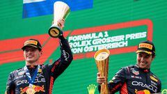 (LtoR) Winner Red Bull Racing's Dutch driver Max Verstappen and third placed Red Bull Racing's Mexican driver Sergio Perez celebrate on the podium after the Formula One Austrian Grand Prix at the Red Bull race track in Spielberg, Austria on July 2, 2023. (Photo by GEORG HOCHMUTH / APA / AFP) / Austria OUT