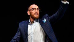 ABU DHABI, UNITED ARAB EMIRATES - JANUARY 21:  Conor McGregor of Ireland arrives on stage during the UFC 257 press conference event inside Etihad Arena on UFC Fight Island on January 21, 2021 in Yas Island, Abu Dhabi, United Arab Emirates. (Photo by Jeff 