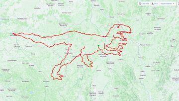 Imagen del velociraptor creado por cuatro ciclistas franceses y con el que han logrado batir el récord del mundo con el dibujo más grande del mundo hecho con GPS en bici en Strava Art.