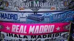 MADRID, SPAIN - APRIL 18:  The match scarf is displayed at a merchandising stall before the La Liga match between Real Madrid CF and Malaga CF at Estadio Santiago Bernabeuon April 18, 2015 in Madrid, Spain.  (Photo by Gonzalo Arroyo Moreno/Getty Images)