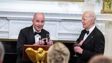Governor of Utah Spencer Cox shares a laugh with U.S. President Joe Biden during a toast at a black-tie dinner for U.S. governors attending the National Governors Association winter meeting, at the White House in Washington, U.S., February 24, 2024. REUTERS/Amanda Andrade-Rhoades