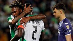 Atletico Nacional's defender Cristian Zapata (C) celebrates with a teammate next to Racing's goalkeeper Matias Tagliamonte (R) after scoring during the Copa Libertadores round of 16 first leg football match between Colombia's Atletico Nacional and Argentina's Racing Club at the Atanasio Girardot stadium in Medellin, Colombia, on August 3, 2023. (Photo by Fredy BUILES / AFP)