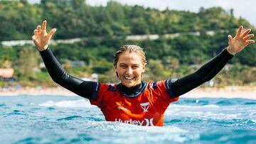 OAHU, HAWAII - FEBRUARY 21: Molly Picklum of Australia after winning the Final at the Hurley Pro Sunset Beach on February 21, 2024 at Oahu, Hawaii. (Photo by Brent Bielmann/World Surf League)